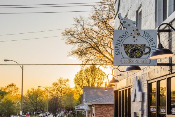 sunset at the corner of Macklind and Devonshire outside of Espresso Yourself Coffee & Cafe